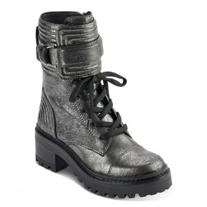 New with tags DKNY Bart Women’s 6.5 leather moto combat boots silver metallic